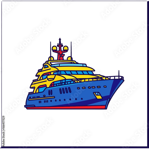 Luxury yacht cruising modern blue and yellow motor yacht sailing showcasing opulence perfect for travel blogs and luxury lifestyle websites.