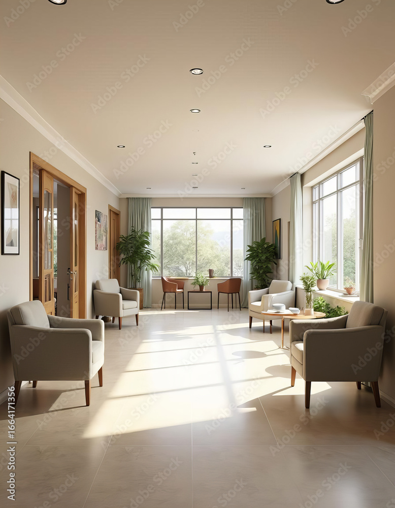 Fototapeta premium Bright lounge area with armchairs and large windows 