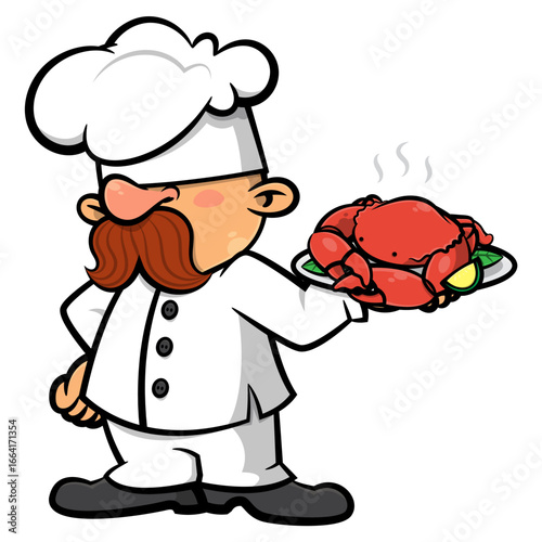 A cartoon character of a funny chef with a big mustache, carrying a grilled crab on a serving tray. This design is ideal for stickers, logos, and mascots for seafood restaurants