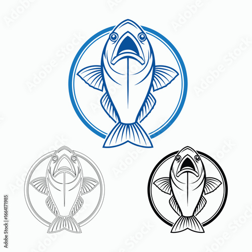 Three artistic renderings of a fish emblem with circular framing
