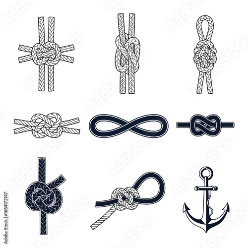 nautical knots and anchor set illustrating maritime themes and sailing culture perfect for nautical-themed designs showcasing craftsmanship and seafaring tradition.