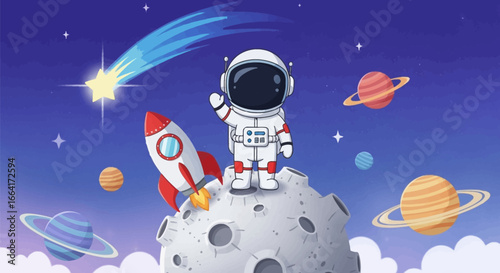 astronaut, moon, space, rocket, planets, stars, comet, universe, galaxy, cosmos, exploration, adventure, cartoon, illustration, vector, graphic, design, fun, cute, cheerful, happy, joyful, sky, night,