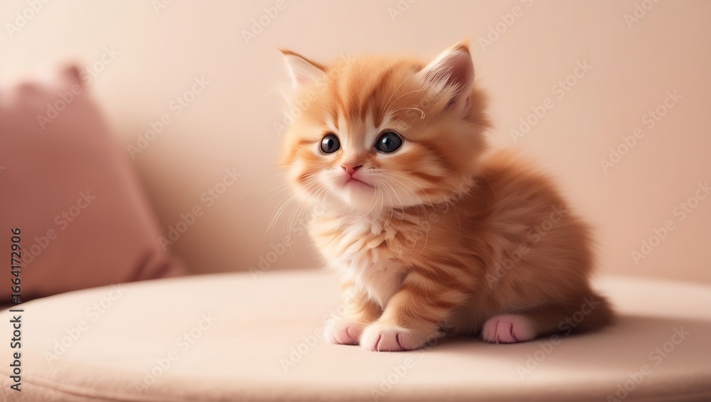 Fluffy orange tabby kitten with perked ears and innocent eyes, isolated on white background Fluffy orange tabby kitten with perked ears and innocent eyes, isolated on white background