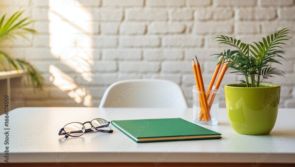 Fototapeta premium Bright Workspace Desk with Plants, Notebook, and Pencils
