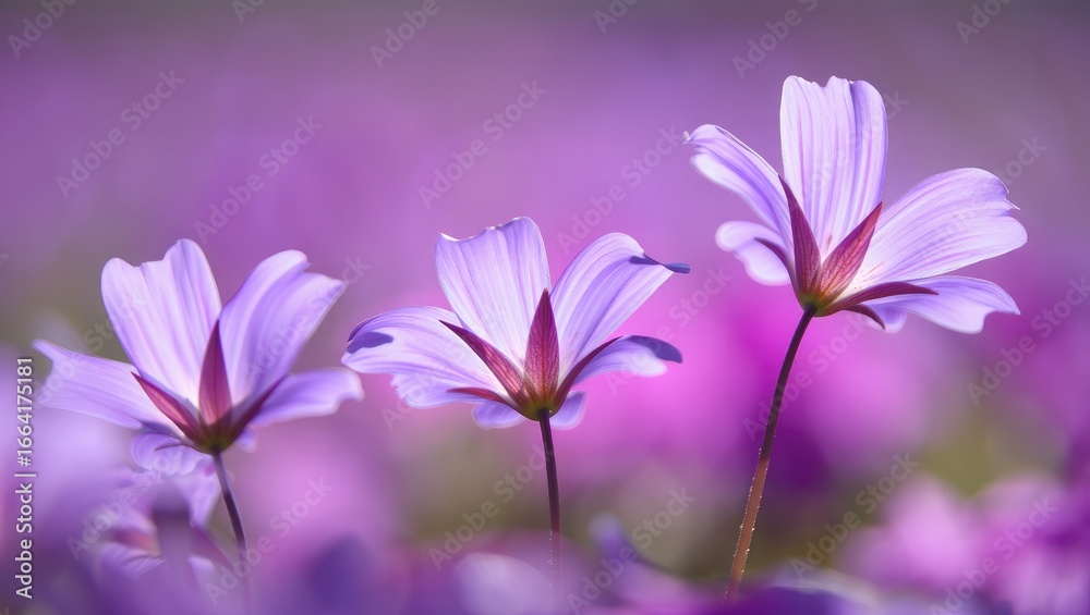 Fototapeta premium Three delicate purple flowers in soft focus lavender