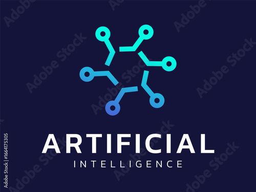Artificial intelligence with Hexagon network lines movement technology Analysis logo vector design concept. AI technology logotype symbol for advance technology, ui, identity, robotic, inovation, web.