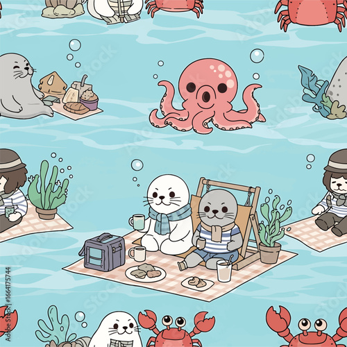 Seamless Pattern, Adorable underwater picnic scene featuring seals, octopus, and crabs enjoying leisure time Stock royalty free  image.