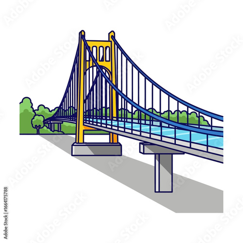 suspension bridge illustration showcasing architectural design spanning a distance with lush greenery in background ideal for infrastructure or travel concepts.