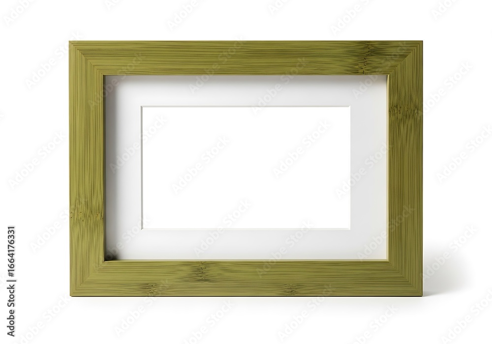 Fototapeta premium Natural green bamboo photo frame mockup with a blank white space for design presentation, standing on a surface with soft tropical palm leaf shadows