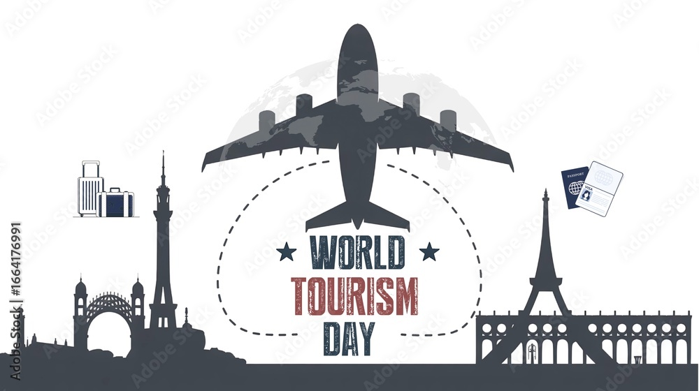 Obraz premium Celebrate world tourism day with global landmarks and air travel symbols