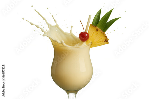 Delicious pina colada cocktail splashing in a hurricane glass, garnished with pineapple wedge, maraschino cherry, and straws, isolated on transparent background