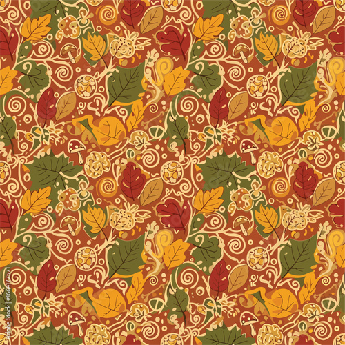 Seamless Pattern, Autumnal pattern with leaves, mushrooms, and swirls in warm earthy tones Stock royalty free.