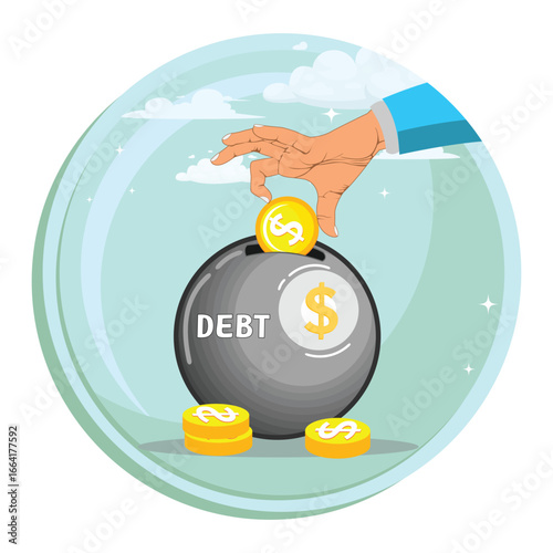 Pay off debt concept. Businessman hand put dollar coin money into debt bomb.