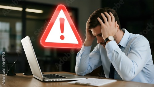 Stressed individual at a desk with a laptop, holding their head in frustration as a warning sign hovers nearby.