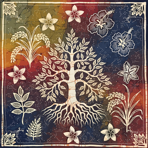 Seamless Pattern, Batik style illustration featuring a central tree surrounded by various floral elements Stock royalty free.