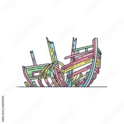 Wrecked boat frame with colorful planks a weathered shipwreck on the shore perfect for illustrating maritime history and coastal decay concepts.