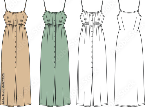 Women’s button-down maxi dress, sleeveless spaghetti straps, front and back views, casual summer fashion, long dress design, comfortable, stylish, elegant, versatile, feminine clothing, trendy apparel