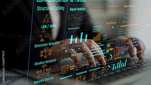 Data center monitoring dashboard visualize network performance, connection status, usage rate, and telecommunication insight. Data center monitoring efficiency improvement network transparency. Thunk