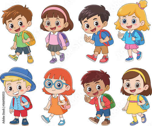 Happy school kids cartoon, children walking with backpacks, cute student illustration, diverse boys and girls clipart, colorful character set, back to school concept