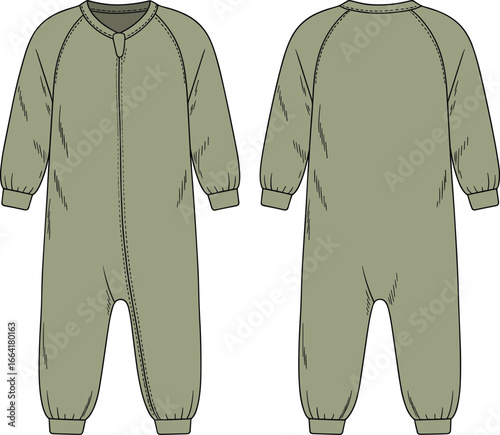 Baby romper suit, olive green color, long sleeves, zipper closure, comfortable fabric, casual baby clothing, unisex design, front and back views, toddler wear, cozy outfit