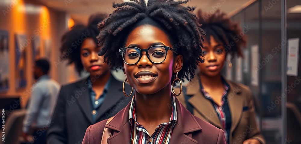 Stylish afro hairstyle, casual office attire, confident pose, contemporary, professional Stylish afro hairstyle, casual office attire, confident pose, contemporary, professional