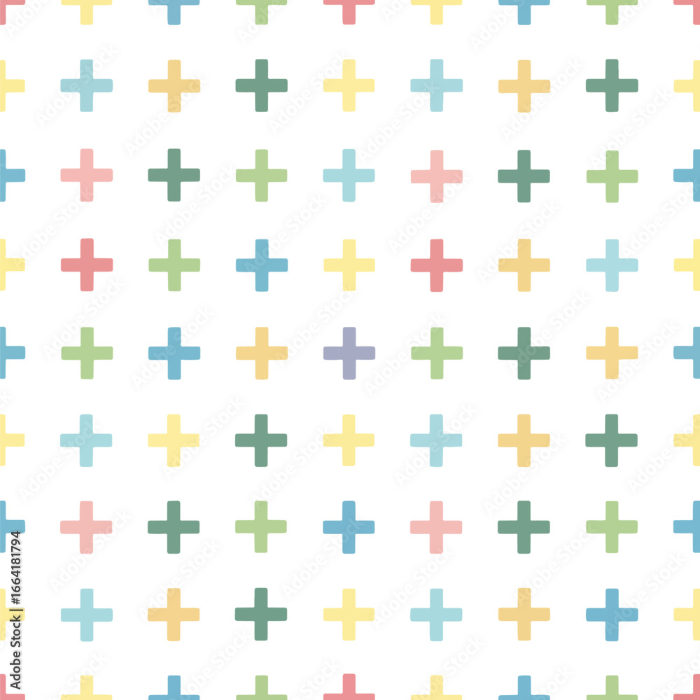 Naklejka premium Seamless Pattern, Colorful plus sign pattern background with pastel hues for festive designs Stock royalty free.