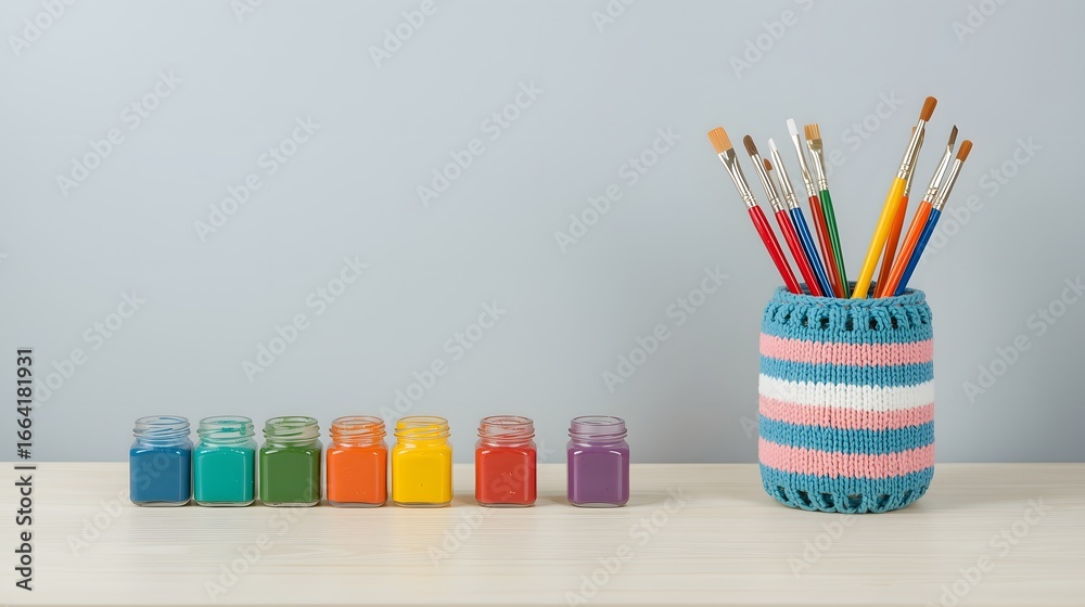 Obraz premium Colorful set of paint jars arranged in rainbow order beside glass jar with brushes wrapped in knitted cover, artistic creative workspace background backdrop wallpaper design