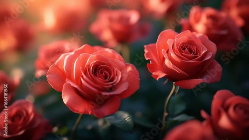 Red rose flower close up with soft sunlight and blurred garden background, showcasing delicate petals, romantic bloom, and natural beauty in peaceful nature setting
