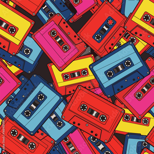 Seamless Pattern, Colorful retro cassette tapes illustration in a vibrant seamless pattern design Stock royalty free  image.
