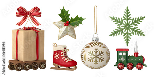 Wallpaper Mural Six Festive Christmas Elements Arranged in Two Rows Beige Gift Box with Red Ribbon Red Ice Skates with Snowflake Design Green Toy Train with Light White Ornament with Gold Torontodigital.ca