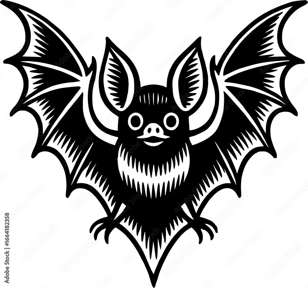 Fototapeta premium A charming black vector illustration of a bat in a woodcut or linocut style. The unique lines and textures give this design a rustic, handcrafted feel, perfect for Halloween, nature, and rus