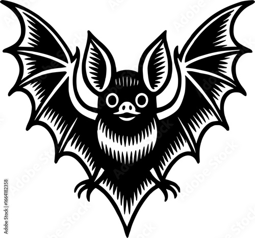 A charming black vector illustration of a bat in a woodcut or linocut style. The unique lines and textures give this design a rustic, handcrafted feel, perfect for Halloween, nature, and rus