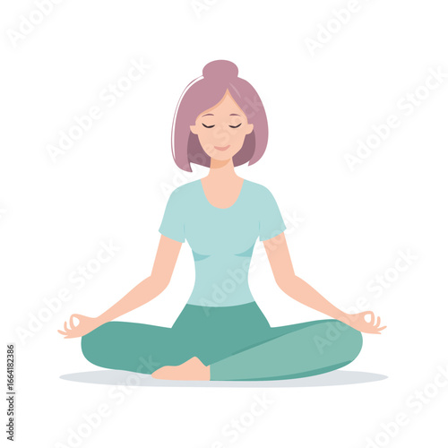 Woman meditating in lotus position with eyes closed and hands in mudra, serene illustration