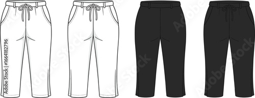 Men's casual cropped pants front and back view, elastic waistband with drawstring, slim fit, black and white, vector illustration, fashion apparel, modern style, comfortable clothing
