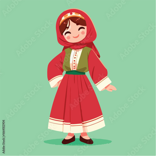 illustration of pretty little girl wearing traditional Turkish clothing