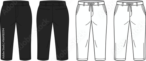 Men's cropped pants front and back view, casual trousers, elastic waistband with drawstring, slim fit, vector illustration, clothing design, fashion apparel, modern style