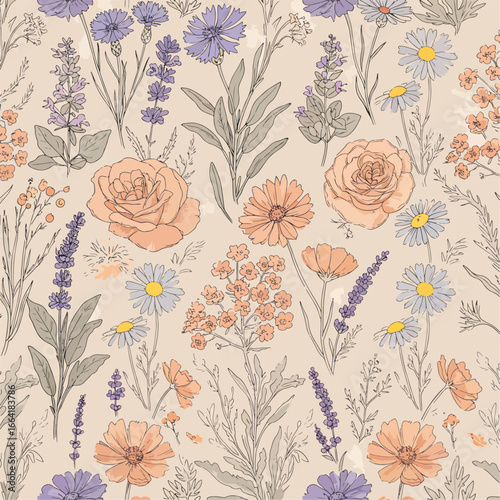 Seamless Pattern, Delicate floral pattern featuring lavender, roses, and daisies in soft pastel hues Stock royalty free.