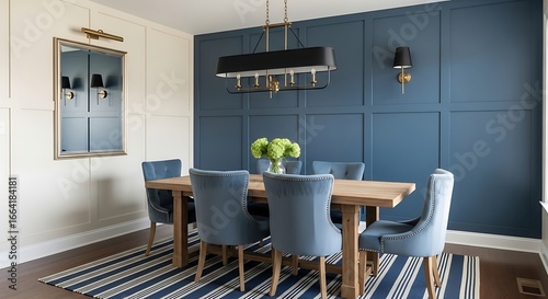 Modern Dining Room with Blue Accent Wall.