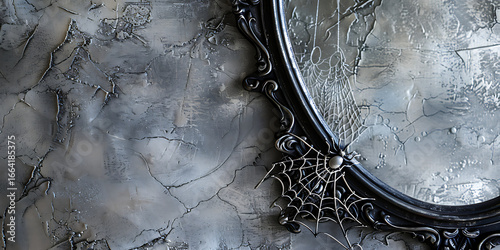 Ornate black mirror with spiderweb detail against a textured gray wall, evoking mystery and Halloween.