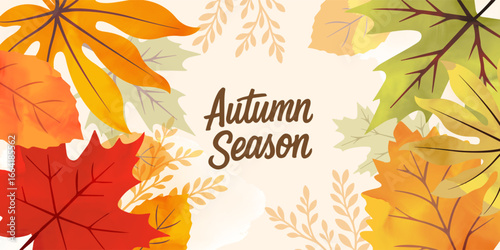 Autumn season poster, cards or banner template with watercolor design pastel colours, vibrant leaves. Collection of Vintage autumn Flower Market posters with colorful fall leaves.Trendy botanical wall