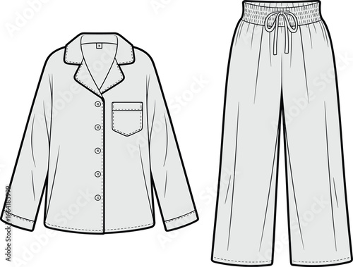 Pajama set fashion flat sketch, long sleeve top with pants, front view technical drawing, women’s sleepwear design template, vector clothing illustration, apparel outline
