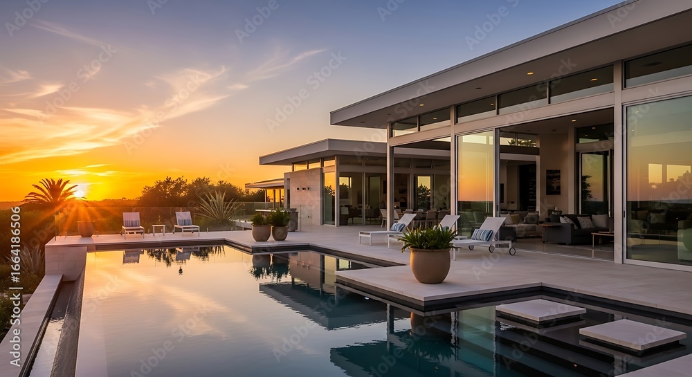 Obraz premium Luxury Modern Home with Sunset Pool View.