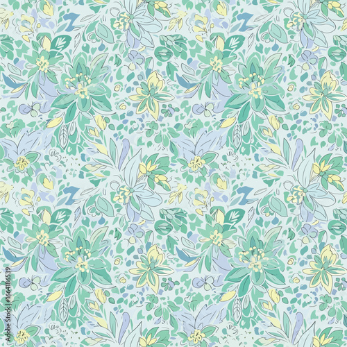 Seamless Pattern, Detailed floral pattern with watercolor style in soft green and yellow hues Stock royalty free  image.
