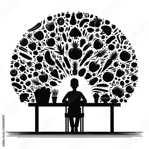 Nutrition coach silhouette inspiring healthy eating with abundant fruits and vegetables tree 