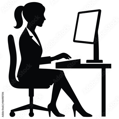 Silhouette of a professional woman working diligently on a computer at her desk isolated on white background