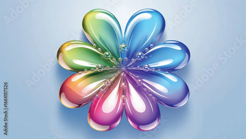 Colorful glossy bubbles arranged in a mandala flower pattern, high detail, vibrant rainbow tones, transparent reflections, vector illustration, light blue gradient background, -Ai Generate