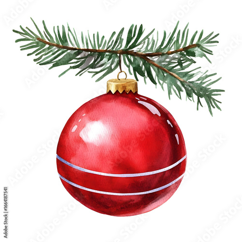red christmas bauble hanging on pine branch isolated on white