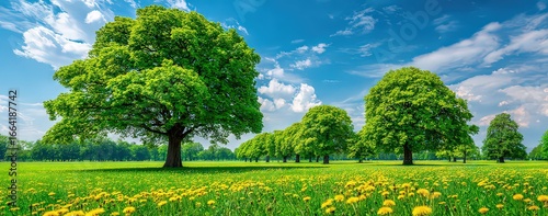 Green Trees Field Of Dandelions Sunny Landscape