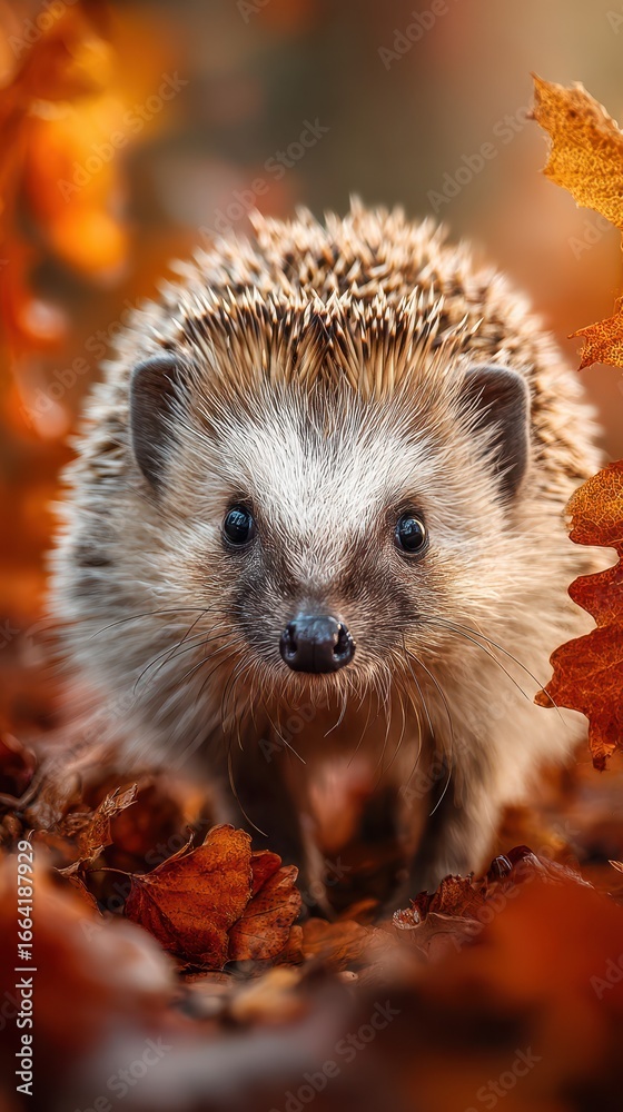 Fototapeta premium Cute hedgehog exploring a colorful autumn forest among fallen leaves in the golden sunlight during the afternoon hours