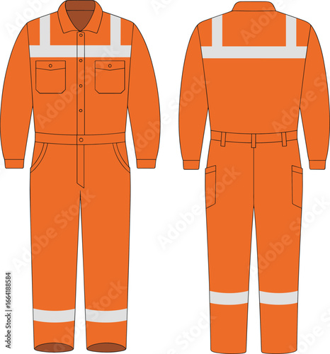 Orange men’s industrial workwear coverall, safety jumpsuit with reflective stripes, durable utility pockets, long sleeve protective uniform, high visibility work suit, functional design